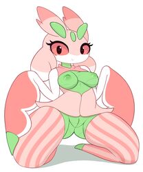 1girls 2018 anthro areolae ass belly blush breasts breasts_out digital_media_(artwork) eyelashes female female_only green_skin heart heart-shaped_pupils hi_res insect kneeling looking_at_viewer lurantis mantis nintendo nipples nude pink_sclera pink_skin pinkcappachino pokémon_(species) pokemon pokemon_sm pussy red_eyes shadow shirt simple_background smile solo thighhighs tumblr video_games white_background