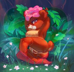 2017 anthro anus bear brown_fur chest_tuft clitoris disney female flower fun_and_fancy_free fur hair_flower hand_behind_head holding_object laurangeblossom leaves looking_at_viewer lulubelle mammal multicolored_fur nude outside paws plant pussy sitting smile solo tan_fur tuft white_fur