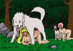 3girls akamaru_(naruto) all_fours ambiguous_penetration barefoot bent_over bitch_taken_for_walk blonde_hair blue_eyes blue_hair blush breasts canid canid_on_humanoid canine canine_on_human canine_penis canon_genderswap dog doggy_style domestic_dog feet female female_human feral hetero human hyuuga_hinata interspecies knot male male/female male_canine naked naruko naruto naruto:_the_last naruto_shippuden nipples nude open_mouth outdoors outside penis pink_hair rule_63 sakura_haruno soles straight sweat toes tongue tongue_out uzumaki_naruto whisker_markings zoophilia