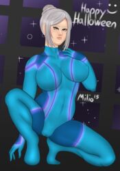 blue_bodysuit bodysuit breasts cameltoe cosplay covered_navel erect_nipples glowing_clothes metroid nintendo png prison_school samus_aran_(cosplay) shiraki_meiko signature skin_tight somedudedrawing spread_legs squatting tagme zero_suit