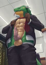 abs animal_genitalia animal_penis anthro balls clothed clothing erection green_hair green_scales hair half-closed_eyes hi_res horn inviting kaynine knot lizard looking_at_viewer low-angle_view male male_only mech_(character) muscular necktie office partially_clothed penis presenting presenting_balls presenting_penis reptile scales scalie smile solo standing suit tan_scales tongue tongue_out undressing yellow_scales