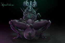 alien alien_(franchise) balls crouching flaccid humanoid lips penis precum simple_background solo spread_legs spreading wide_hips xenomorph ximema