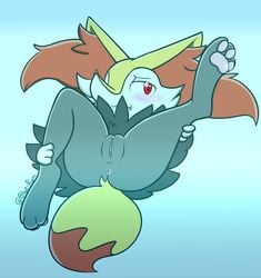 1girls 3_toes anthro anus ass big_ears black_fur blue-rum blue_background blush braixen canine clitoris fang fangs feet female female_only fox fur furry inner_ear_fluff leg_up looking_at_viewer mammal nintendo nude on_back pawpads paws pokémon_(species) pokemon pokemon_(species) pokemon_xy pussy red_fur smile soles solo spread_legs spreading tail teeth text video_games watermark white_fur yellow_fur