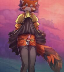 2018 animal_genitalia animal_penis anthro balls canine_penis clothed clothing crossdressing digital_media_(artwork) dress erection fur girly gloves hazelmere hi_res kati knot legwear looking_at_viewer male mammal panties penis red_panda simple_background solo thigh_highs underwear white_balls