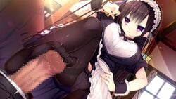 black_hair bow censored femdom footjob footjob_with_legwear game_cg haruoto_alice_gram long_hair looking_down maid nanawind panties pantyhose penis purple_eyes rindou_yaya standing standing_footjob takanae_kyourin underwear