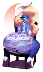 ass ass_bigger_than_head big_ass blonde_hair blue_eyes blue_skin blush chair dress hanna-barbera hat high_heels huge_breasts large_ass looking_back riendonut see-through sideboob sitting smile smurfette the_smurfs thong thunder_thighs white_background wink