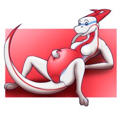 2018 anthro belly big_belly breasts devv digital_media_(artwork) digitigrade dragon featureless_breasts female hand_on_stomach hi_res horn inflation lauryl lying navel nude on_back pussy red_belly simple_background smile solo solo_focus white_skin