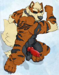 1boy 2018 4_toes abs animal_genitalia animal_penis anthro arcanine belly big_feet big_penis big_testicles black_fur canine canine_penis chains claws collar digital_media_(artwork) erection feet furry green_eyes knot large_penis looking_at_viewer male male_only muscular muscular_male navel nintendo nude orange_fur original_character paws penis pokemon pokemon_(species) pokemon_rgby red_penis ryoken shadow sheath simple_background smile solo standing stripes tail testicles thick_penis thick_thighs veins veiny_penis video_games