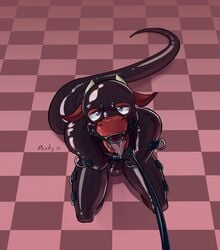 2018 absurd_res anthro blue_eyes bodysuit bondage bound bulge clothing dominant_pov dragon drooling first_person_view gag gagged hi_res horn long_tail looking_at_viewer lycanwolf male malesub open_mouth open_mouth_gag peskybatfish ring_gag rubber saliva scalie shiny simple_background solo teeth tight_clothing tongue tongue_out zipper