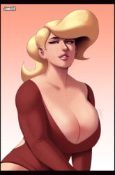 2018 big_breasts blonde_hair blue_eyes freckles fruit_basket_(jamesab) jamesab lipstick original_character stephanie_brooks_(jamesab)