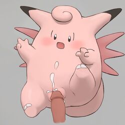 1boy 1girls black_eyes blush clefable cum cum_on_body cum_on_lower_body disembodied_penis ejaculation erection fairy feet female full_body grey_background grinding hands_up highres human interspecies lying male_pov nintendo no_humans on_back open_mouth orgasm penis pink_skin pokemon pokemon_(species) pokemon_rgby pov pussy sex simple_background solo spread_legs straight tail uncensored wings youjomodoki