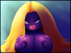 1girls areolae bare_shoulders big_lips black_border black_eyes blonde_hair blue_background breasts covered_nipples cupping_breasts female female_only half-closed_eyes hands_on_breasts huge_breasts jynx large_breasts lips lipstick long_hair looking_at_viewer nintendo pink_lipstick pokemon pokemon_(species) pokemon_rgby purple_skin redbenjamin seductive smile solo text topless watermark