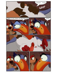 anatomically_correct animal_genitalia ass avian balls beak bird black_eyes blue_fur comic detailed_background dialogue disney feral fur gay herpestid hornbill male male_only mammal mcfan meerkat mongoose penis sheath text the_lion_king timon yaoi zazu