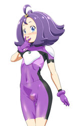 1girls :3 :p acerola_(pokemon) alternate_outfit armor belly blue_eyes blush bodypaint eyelashes female female_only flat_chest flipped_hair gloves hair_ornament hand_on_face human innie_pussy kousaka_jun long_hair looking_at_viewer looking_to_the_side navel nintendo nose_blush nude painted_clothes pokemon pokemon_sm purple_eyes purple_hair pussy see-through sexually_suggestive short_hair simple_background solo standing thigh_gap tongue tongue_out trial_captain uncensored v white_background