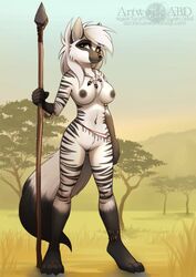 2016 4_toes 5_fingers abluedeer anthro areola breasts brown_eyes canine day detailed_background digital_media_(artwork) female grass hair holding_object holding_weapon hybrid mammal melee_weapon navel nipples nude outside polearm pussy sky solo spear toes tree weapon white_hair wolf