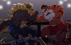 2020 2boys anthro arm_wrestling barazoku beard biceps big_muscles bulge clothing dragon duo facial_hair felid fighting_ring furniture gay hair hi_res horn male male_only mammal muscular muscular_anthro muscular_male nightterror nipples pantherine pecs scalie table tiger underwear yaoi