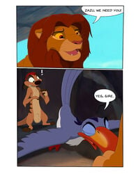 animal_genitalia ass ass_up avian balls beak bird black_eyes blue_fur comic detailed_background dialogue disney feline feral fur gay grass herpestid hornbill lion male male_only mammal mcfan meerkat mongoose red_eyes sheath simba text the_lion_king timon yaoi zazu