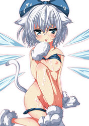 animal_ears blue_eyes blue_hair bottomless bow cat_ears cat_paws cat_tail cirno cum highres ma-yu paws short_hair smile tail tongue touhou wings