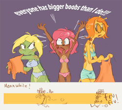 3girls alligator anthro blonde_hair blue_eyes bra breast_envy brown_eyes camp_lazlo cartoon_network english_text eyewear furry giraffe glasses gretchen_(camp_lazlo) hotchoc mongoose nina_neckerly orange_hair panties patsy_smiles pink_bra pink_hair pink_panties striped striped_bra striped_panties text underwear