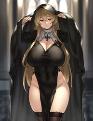 1girls blonde_hair breasts child_bearing_hips cleavage female female_only houtengeki huge_breasts no_panties nun pelvic_curtain red_eyes solo solo_female thick_thighs thighhighs wide_hips