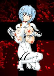 1996 1girls 4_breasts blue_hair breasts clothing female large_breasts multi_breast neon_genesis_evangelion nipples red_eyes rei_ayanami tagme tagro torn_clothes