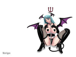 aqua_eyes aqua_hair ark bare_shoulders between_breasts black_gloves black_heart_pasties black_panties black_pasties boots breasts capcom choker clothing collar darkstalkers demon_girl elbow_gloves fishnet_legwear fishnet_stockings fishnets gloves high_heels legwear morrigan_aensland object_between_breasts panties pasties shoes small_breasts solo spiked_collar spikes spread_legs stockings succubus tail thighhighs underwear wings