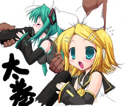 2boys 2d 2girls artist_request bangs bare_shoulders black_dildo black_sleeves blue_eyes blue_hair blush bow collared_shirt color dark-skinned_male dark_skin detached_sleeves dildo dildo_fellatio eyebrows_visible_through_hair fellatio female_focus grey_shirt hair hairbow hairclip hatsune_miku headset holding_dildo implied_penetration interracial japanese_text kagamine_rin light-skinned_female light_skin long_hair open_mouth sailor_collar shirt short_hair simple_background sleeveless sleeveless_shirt sleeves sweat text twintails vocaloid white_background white_bow white_hairclip white_shirt yellow_hair