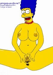 anus blue_hair breasts color curly_hair ears exposed_breasts eyes female female_only front_view hair human long_hair looking_at_viewer marge_simpson mouth necklace nipples open_eyes open_mouth pearl_necklace pingzeus round_ears sitting skin solo the_simpsons vulva white_background yellow_skin