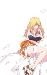 1girls big_breasts blonde_hair blue_eyes breasts busty drill_hair female female_only hair_over_one_eye large_breasts legs mature mature_female mature_woman midriff mouth_hold official_alternate_costume official_art oriana_thompson sarong sitting smile solo tank_top thighs to_aru_majutsu_no_index