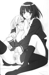 2girls censored female kawamura_reo long_hair monochrome multiple_girls pussy sawaguchi_mai short_hair sono_hanabira_ni_kuchizuke_wo tear yuri