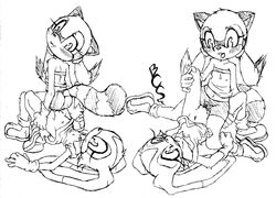 anthro bcs clothing cream_the_rabbit female female_only fur interspecies mammal marine_the_raccoon monochrome multiple_females rabbit raccoon sega shoes sonic_(series) straight_hair tagme tribadism yuri