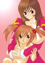 2girls blush breasts brown_eyes brown_hair clothing coquelicot covering_breasts erica_fontaine female hug hugging hugging_from_behind large_breasts medium_hair multiple_girls nipples no_bra nude nude_female oyu_no_kaori pink_background pointy_chin sakura_taisen sakura_wars sega tagme white_background