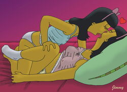 2girls bed breasts erect_nipples female female_only heart incest jimmy kissing older panties pillow sherri_mackleberry sisters socks terri_mackleberry the_simpsons tongue_out underwear yuri