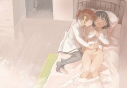 bed blush closed_eyes cuddling cum cumming ejaculation female futa_on_female futa_with_female futanari handjob intersex multiple_girls nanashi_(artist) no_panties open_mouth orgasm penis pussy_juice tissue