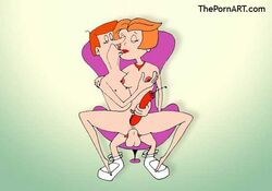 anal bob_cut breasts closed_eyes dildo double_penetration earrings george_jetson hanna-barbera husband jane_jetson kissing lipstick milf necklace nipples orange_hair penis reverse_cowgirl_position sci-fi short_hair spread_legs testicles the_jetsons thepornart western_copyright wife