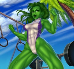 1girls abs avengers big_breasts cameltoe erect_nipples_under_clothes female female_only green_eyes green_hair green_skin hulk_(series) leotard maplemoon marvel marvel_comics muscles muscular muscular_female pokies she-hulk solo weights