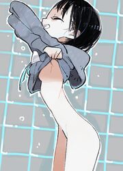 amiami black_hair bottomless breasts closed_eyes derivative_work female female grin original profile short_hair skinny solo undressing wet