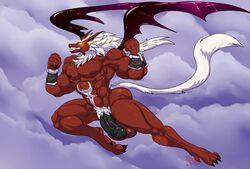 2018 4_toes 5_fingers abs anthro balls biceps big_penis black_penis body_hair chest_hair cloud daemnyk demon digitigrade flying grin hair half-erect hungothenomster male male_only mane muscular muscular_male muscular_thighs nipples nude penis pubes red_skin sharp_teeth side_view skalt sky smile snout solo teeth thick_penis toes vein white_hair winged wings yellow_eyes