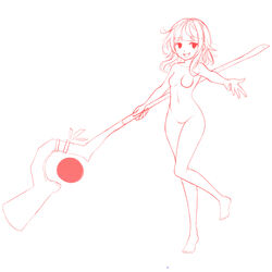 :d absurdres avant_garde_(artist) commentary_request highres holding holding_staff kono_subarashii_sekai_ni_shukufuku_wo! leg_lift looking_at_viewer megumin no_nipples nude open_mouth reaching_out red_ou red_outline short_hair_with_long_locks sketch smile staff standing standing_on_one_leg white_background