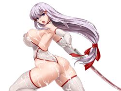 ass breasts bukkake cum_on_breasts cum_on_hair cum_on_lower_body cum_on_upper_body elbow_gloves enjou_sakuya erect_nipples erect_nipples_under_clothes female gloves highleg highleg_leotard huge_breasts katana legs leotard long_hair long_legs looking_back low-tied_long_hair matai_toshi nipples open_mouth original purple_eyes purple_hair rindou_aya slime solo sword thick_thighs thighhighs thighs thong thong_leotard tied_hair transparent_background wafuku weapon white_legwear