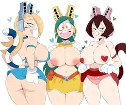 3girls areolae ass assertive bikini_top blonde_hair breasts brown_hair cameltoe cat_ears cat_paws cleavage facial_mark female female_only flashing gloves green_hair heart heart_pasties huge_breasts human jinu looking_at_viewer mandalay miniskirt mooning multiple_girls my_hero_academia navel nipple_bulge nipples open_mouth pasties pixie_bob pussy ragdoll_(my_hero_academia) red_heart_pasties red_pasties ryuuko_tsuchikawa shino_sousaki shirt shirt_lift simple_background skirt smile spread_legs tail tomoko_shiretoko tongue tongue_out wide_hips wild_wild_pussycats