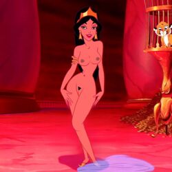 aladdin black_hair breasts disney disney_princess earrings edit evil_queen_jasmine female female_only hairy_pussy hips human jafar_harem_outfit legs lipstick long_hair nipples nude open_mouth princess_jasmine pussy smile teeth