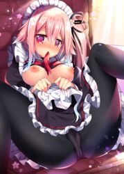 black_dress black_legwear black_ribbon breasts dress hair_ribbon hairband harusame_(kantai_collection) highres kantai_collection looking_at_viewer maid mouth_hold panties panties_under_pantyhose pantyhose pink_hair red_eyes red_ribbon ribbon ribbon_in_mouth ringo_sui skirt skirt_lift underwear