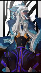 2boys anthro black_skin blue_fur blush body_fur claws dragon eglan facial_hair fellatio gay goatee horns implied_oral long_fur male male_only oral oral_sex purple_stripes sergal sex surprise tail tail_tuft thorin thorin_(sergal) tongue tongue_out white_fur yaoi zeta-la-angie