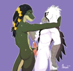 2017 anixis avian bearded_vulture bird conditional_dnp cum dreadlocks duo frottage furry handjob humanoid_penis ikshun irelius lizard male masturbation nude open_mouth penis reptile scalie sex simple_background smile standing vulture yaoi