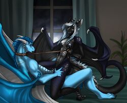 2017 anthro bedroom black_scales black_sclera blue_eyes blue_hair blue_nipples blue_scales collar dragon eliana-asato female hair large_wings leash male mane night nipples riding scales straight