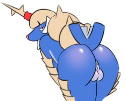 1boy 2018 absurd_res anus armor ass bent_over big_ass big_testicles black_eyes blue_body blue_fur facial_hair feral furry half-closed_eyes hi_res horn looking_at_viewer looking_back male mammal mustelid nintendo nude original_character pokémon_(species) pokemon pokemon_bw presenting presenting_balls presenting_hindquarters rhuanfps rocket_(rhuanfps) samurott scar standing tail testicles thick_thighs video_games white_background wide_hips