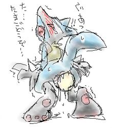 1girls anthro ass birth blue_fur blush canine closed_eyes egg egg_laying female_only furry japanese_text lucario nintendo nude open_mouth pasaran pokemon pokemon_(species) pokemon_dppt spikes sweat tail text translated trembling video_games