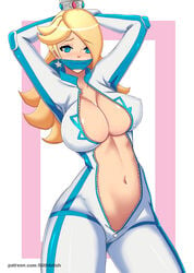 1girls big_breasts blonde_hair blue_eyes bodysuit bondage breasts cleavage cloth_gag crown earrings female female_only femsub gag gagged hair_over_one_eye hands_behind_head large_breasts lilith-fetish long_hair looking_at_viewer mario_(series) mario_kart midriff navel nintendo nipple_bulge open_bodysuit princess_rosalina racing_suit restrained solo star_earrings unzipped_bodysuit zipper zipper_pull_tab