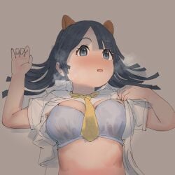 animal_ears armadillo_ears bare_legs black_hair bra breasts clothing collared_shirt crusaderkun5 female female_only female_solo giant_armadillo_(kemono_friends) heavy_breathing kemono_friends looking_at_viewer medium_breasts medium_hair necktie open_shirt shirt short_sleeves simple_background solo